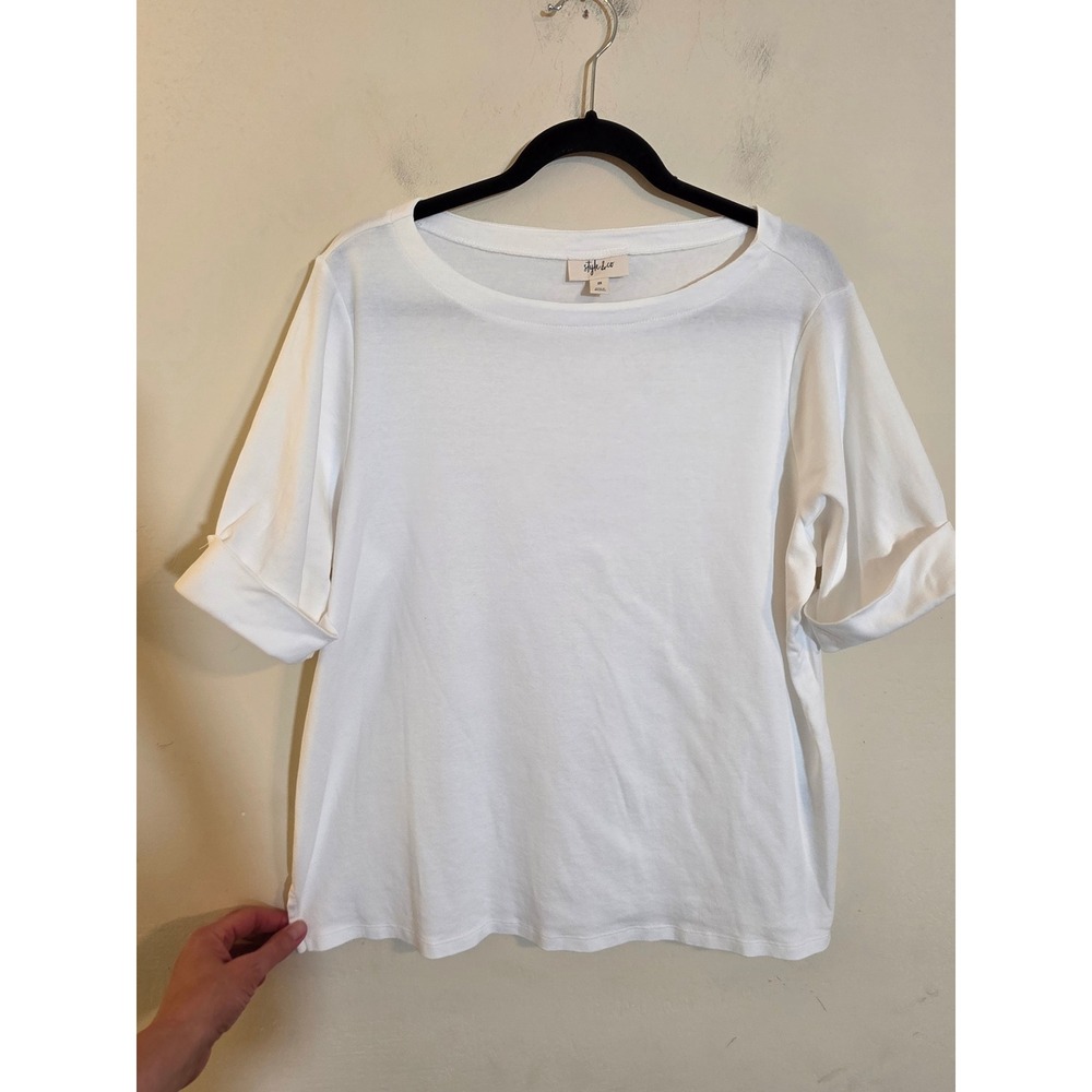 Style & Co White Cotton Boat Neck Cuffed Short Sleeve Top Plus Size 2X